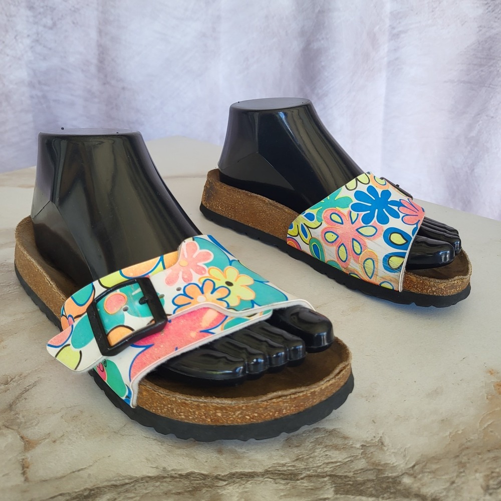 Papillio by Birkenstock Slides Floral Size 36/5 Women's Teal Blue Pink Yellow